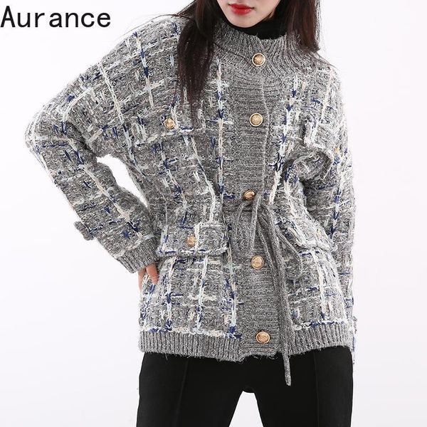 

women's knits & tees [aurance] women fashion gray big size bandage knitting cardigan sweater loose round neck long sleeve autumn winte, White