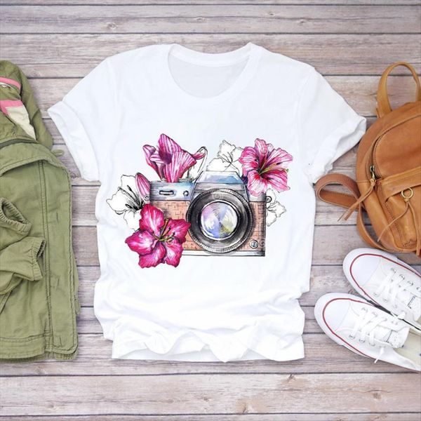 

summer flower camera floral printed women short sleeve ladies womens graphic female tee, White