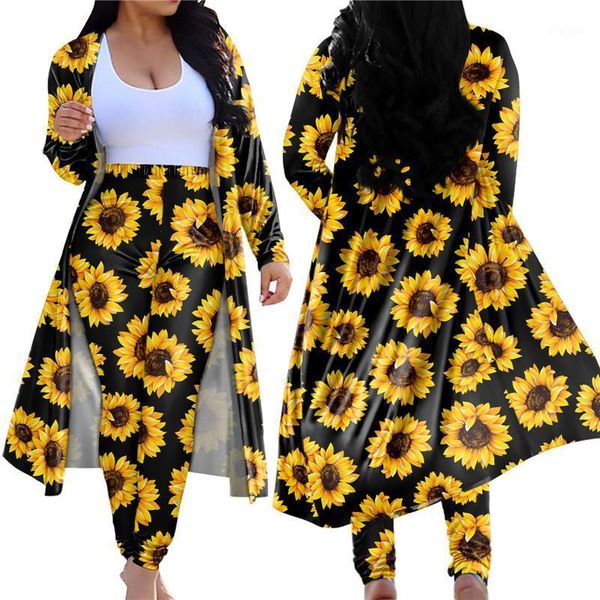

women's two piece pants 2021 autumn 2 set women sunflower design winter elegant open front cardigan skinny long suits for office busine, White