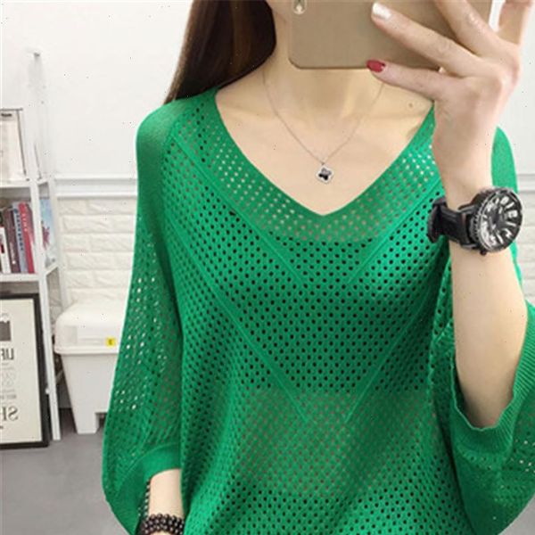 

women sweater knitted pullover mesh hollow female spring fashion bat half sleeve solid casual loose shirt summer, White;black