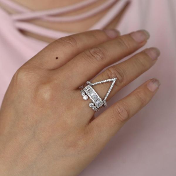 

wedding rings delicate gold color cubic zirconia for women shining chevron v rhinestone jewelry 3-layer cz engagement ring, Slivery;golden