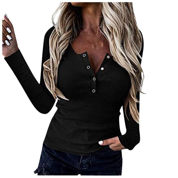 

v-neck oversized t-shirt female long sleeve women clothing tunic front button t-shirts slim solid tshirt tee shirt 2021 women's, White