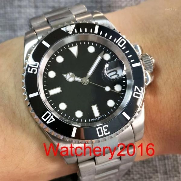 

wristwatches 40mm black sterile dial green luminous date selfwinding mens watch 24 jewels nh35a movement middle polished oyster strap, Slivery;brown