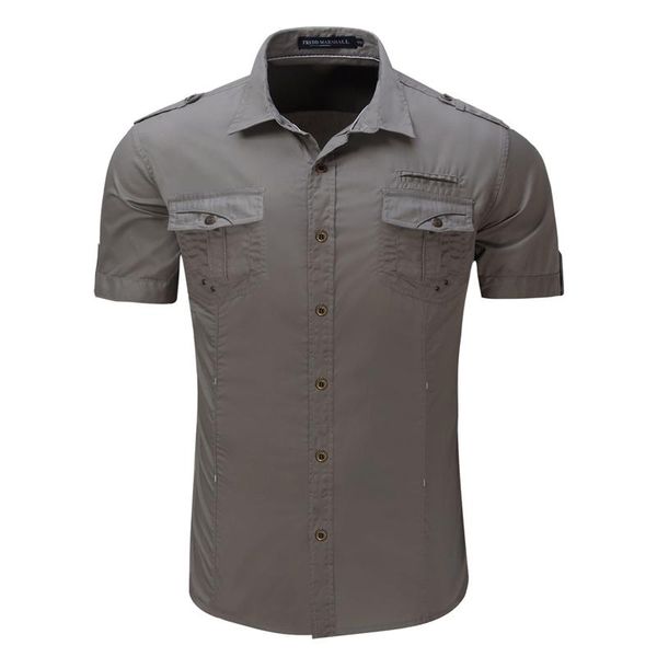 

men's casual shirts 2021 arrive mens cargo shirt men solid short sleeve multi pocket work plus size 100%cotton clothes, White;black