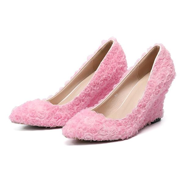 

dress shoes pink 8cm wedges heels woman wedding party 3d rose flower lace high pointed toe white women single bridal pumps, Black