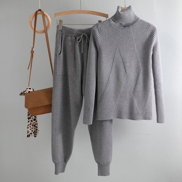 

casual dresses turtleneck sweater 2 pieces set women chic knitted pullover + sweater pants jumper + trousers suits kwtj, Black;gray
