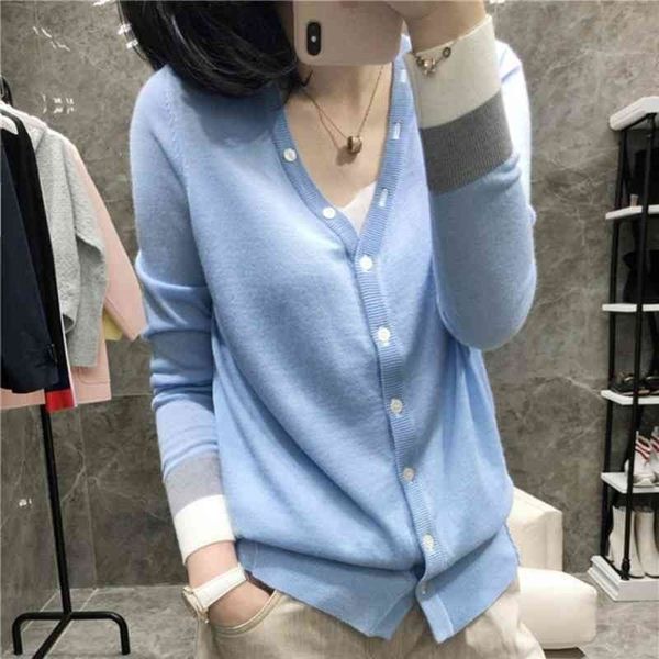 

2021 spring and autumn new v-neck wool cardigan color matching knitted jacket women's loose casual sweater long sleeve women, Black