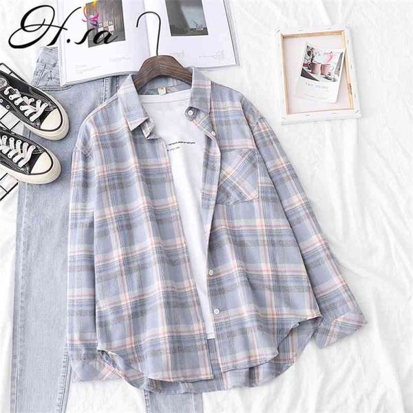 

hsa women korean blouse shirts chic boy friend style plaid blusa and mujer spring bluas shirt pink outer 210417, White