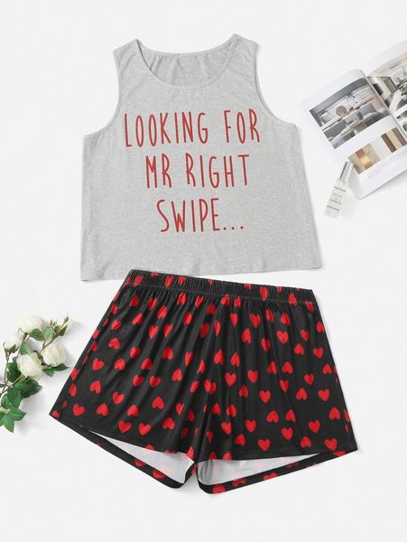 

plus slogan graphic tank & heart print shorts pj set k9s8#, Black;white