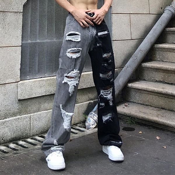 

men's jeans high street hole color block streetwear mens pants straight vibe style harajuku retro ripped oversize baggy denim trousers, Blue