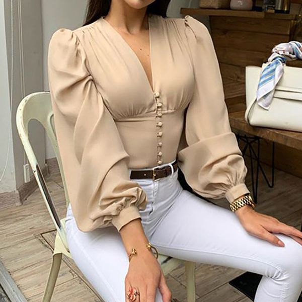 

autumn elegant womens shirt ladies lantern long sleeve blouse v neck crop fashion button up office clothing vintage, White