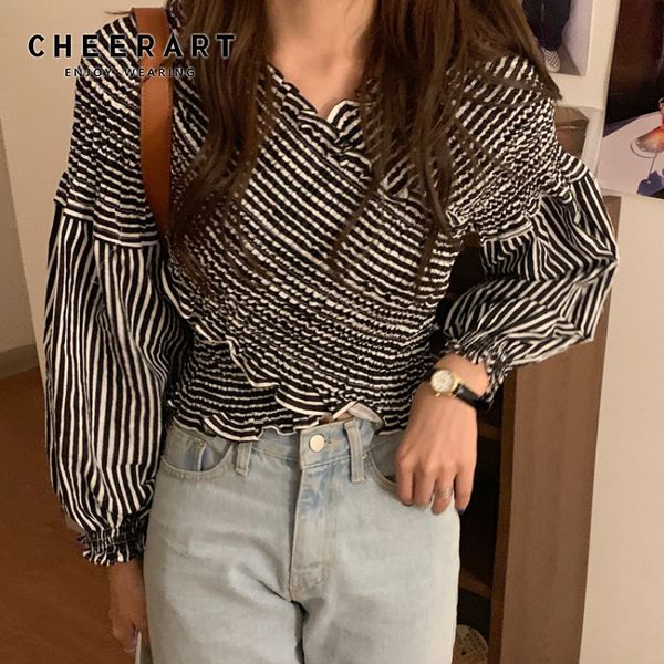 

vintage striped v neck wrap women elasticity flare sleeve korean blouse tunic long crop fashion 210427, White