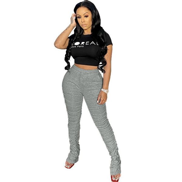 

gray stacked extended sweatpants women capris high waist layered ruched with pockets female leggings sports joggers skinny, Black;white