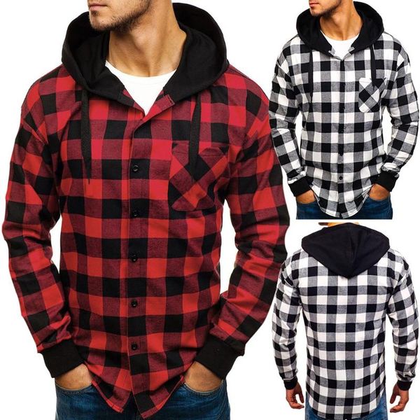 

men's casual shirts fashion plaid hooded long sleeve shirt youth trend large size pocket decoration design european and american 2021, White;black