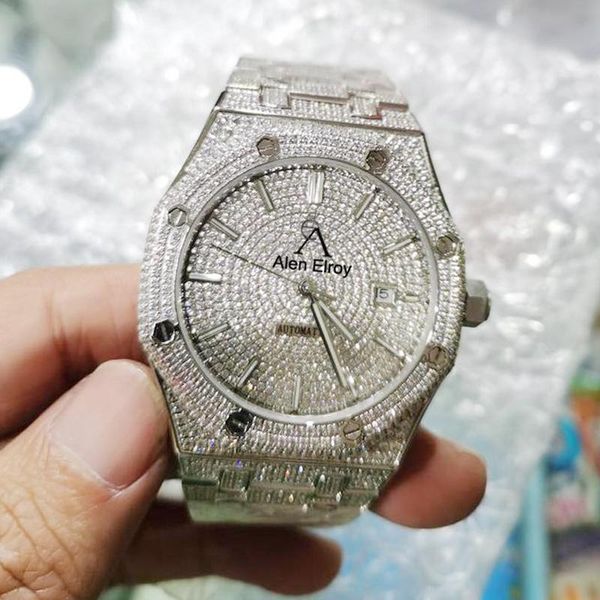 

wristwatches shiny silver iced out watch swiss eta movement excellent quality sapphire glass glide smooth second hand watches with box paper, Slivery;brown