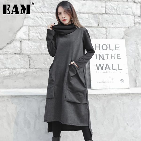 

[eam] women black contrast color big size dress turtleneck long sleeve loose fit fashion tide spring autumn 2021 1z344 casual dresses, Black;gray