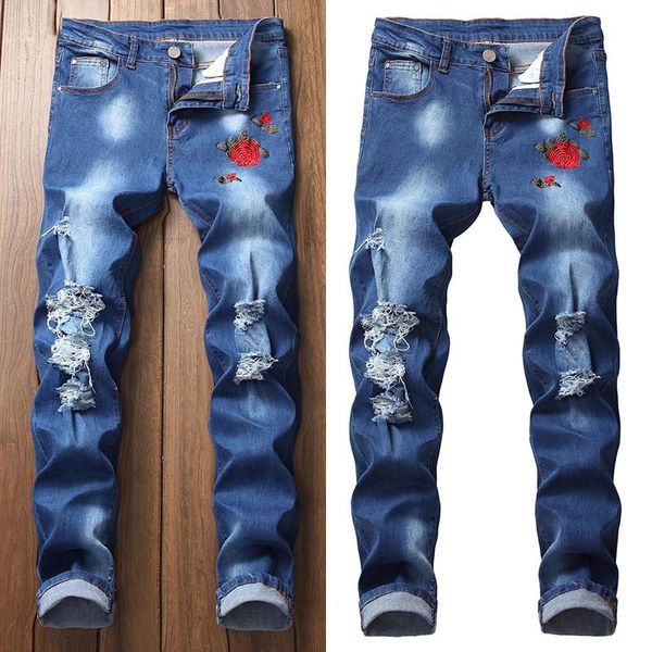 

men's jeans high street pants destroy denim motorcycle ripped pencil, Blue