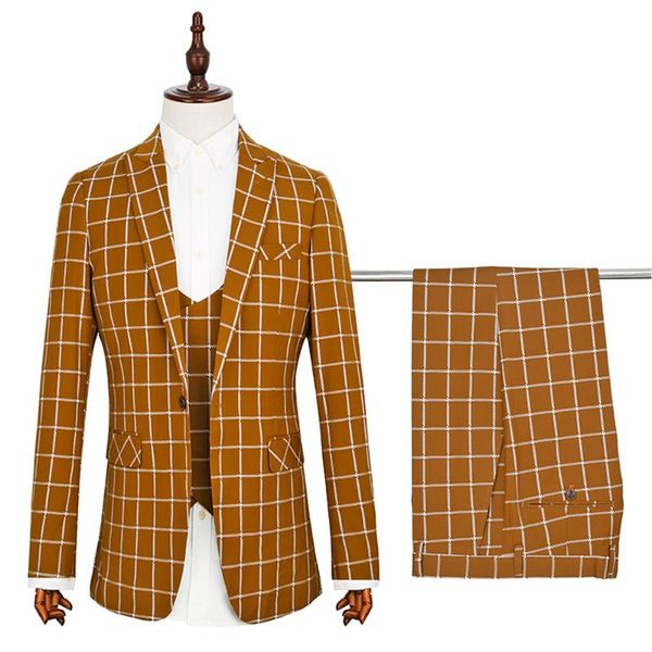

striped men suit blazer pant vest set luxury orange flat collar homme party business work formal slim dress men's suits & blazers, White;black