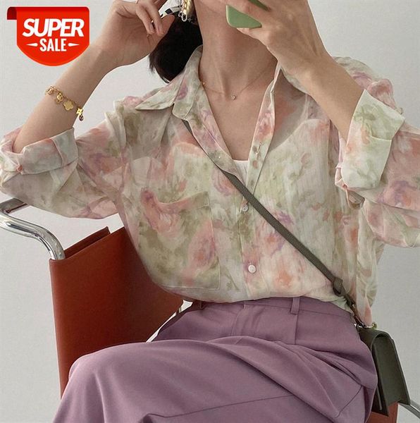 

zhi chuxi fu ancient print eye-catching chiffon shirt korean version of loose lapel oil painting casual commuter jacket women 770 #xm9k, Black;gray