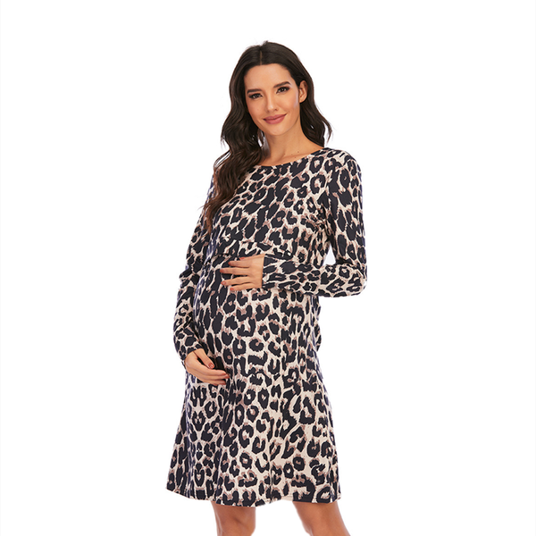 

maternity dresses wear european and american spring autumn leopard print dress for pregnant women breastfeeding long sleeve, White