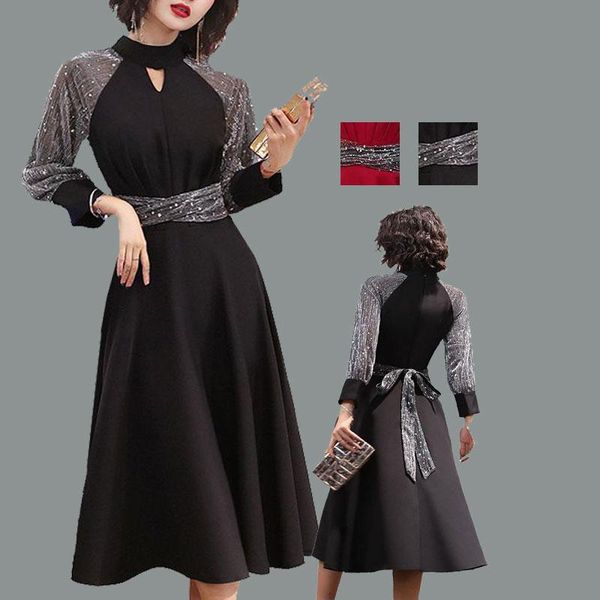 

casual dresses women dress glitter sparkle o neck mesh sequin stitching tassel long sleeves evening party french temperament, Black;gray