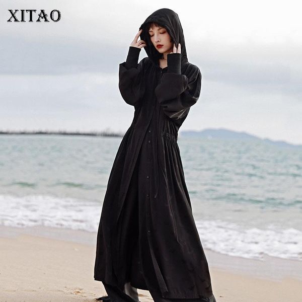 

casual dresses xitao vintage draped dress women jacquard fashion style hooded collar long sleeve single breasted drawstring wld6059, Black;gray