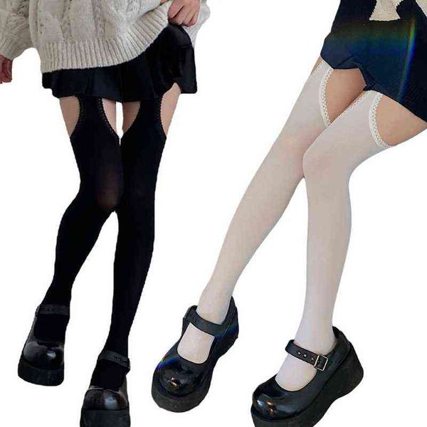 

womens side cutout holes suspender pantyhose lolita fake garter stockings 101a w220312, Red;black