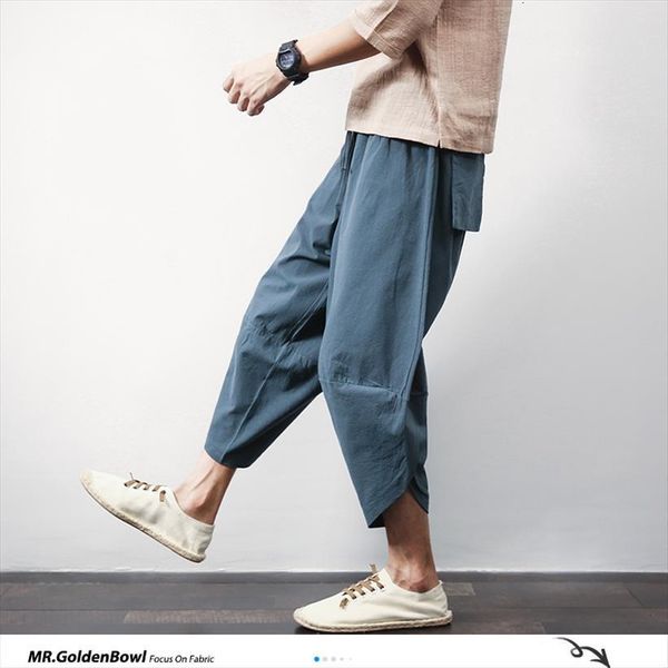 

sinicism store cotton linen harem women pant summer male casual calf length solid big pocket baggy trousers, Black