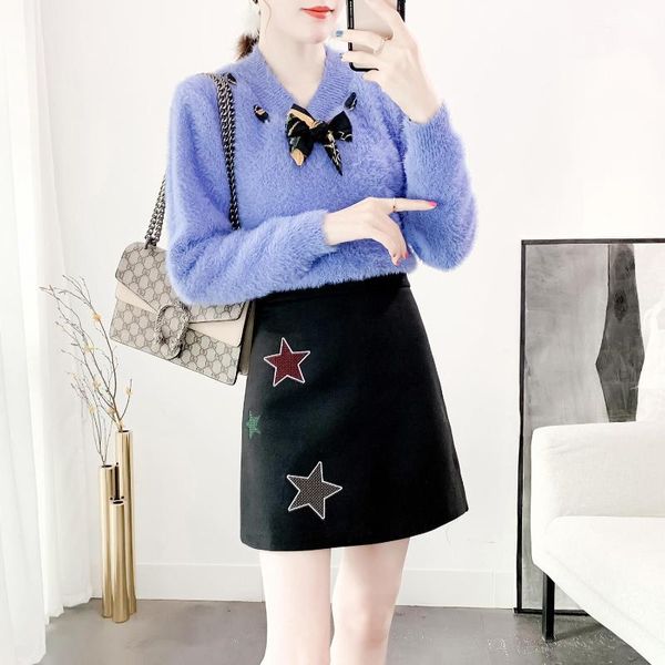 

two piece dress winter skirt fashion suits female mohair sweaters embroidered tweed cloth two-piece bow knitwear outfit a line, White