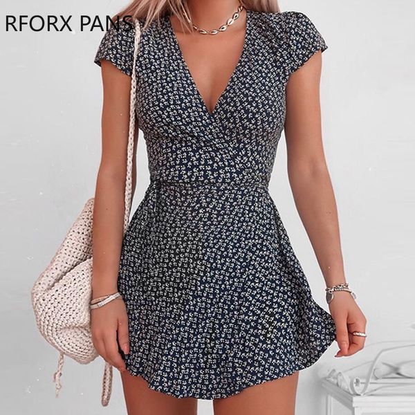 

2021women v-neck floral short sleeve mini dress elegant bodycon casual dress, Black;gray