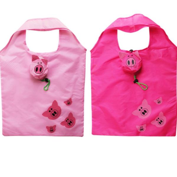 

shopping bags cartoon animal pink reusable eco bag foldable polyester handbag pig waterproof