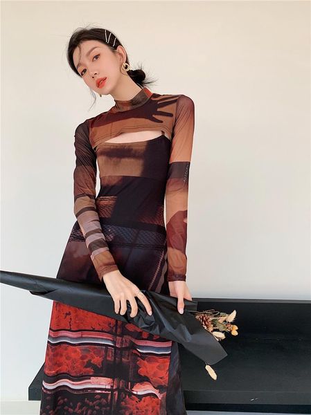 

casual dresses spring stock two-piece mesh long-sleeved slim retro printed punk dress runway fashion designer for women, Black;gray