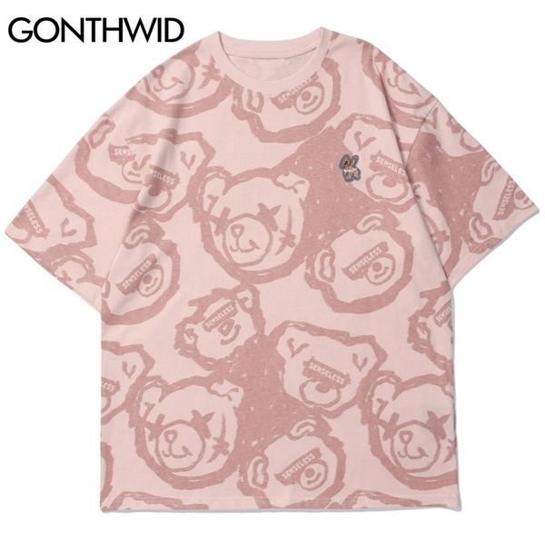 

tees shirts streetwear harajuku graffiti bear print tshirts hip hop fashion casual loose short sleeve mens summer 210602, White;black