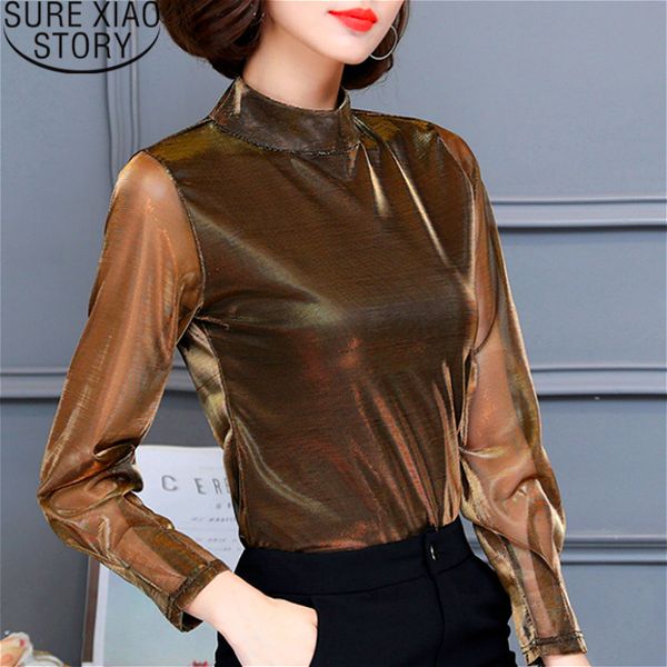 

spring long sleeve womens and blouses elegant woman shirts retro stand collar mesh splicing 50 210415, White