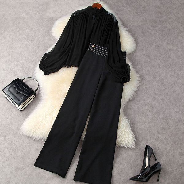 

2021 spring summer long sleeve round neck black chiffon panelled + wide leg trousers long pants two piece suits 2 pieces set 21a022007, White