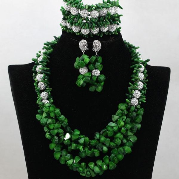 

earrings & necklace green nigerian coral african beads jewelry set chunky bib statement silver zircon qw293