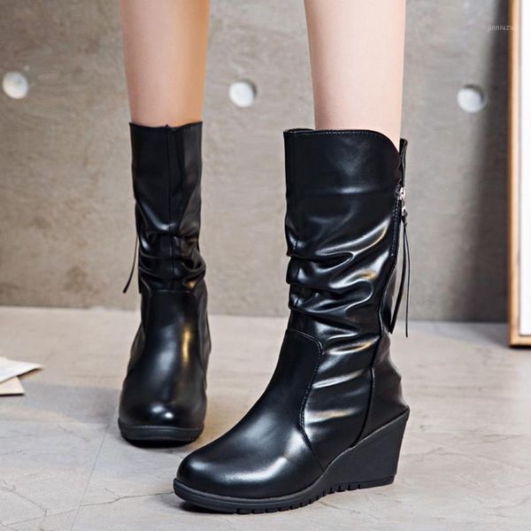 

boots lucyever black pu leather wedges shoes woman winter short plush warm chunky mid calf non slip platform1