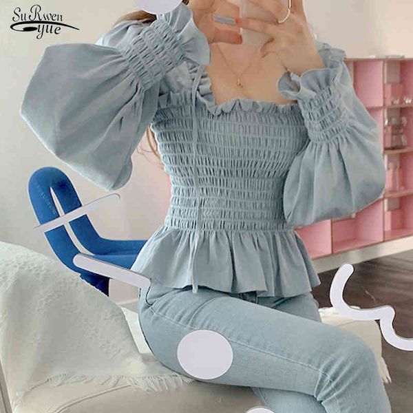 

french retro elegant wind sweet ruffle bubble sleeve lantern strap waist princess shirt blusa mujer 13702 210521, White