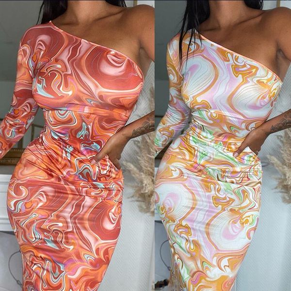 

casual dresses cross border autumn and winter women's 2021 fashion printed diagonal shoulder long sleeve slim dress, Black;gray