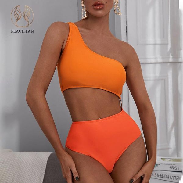 

peachtan one-shoulder swimsuit women bandeau bikinis 2021 mujer high waist swimwear sport solid bathing suit bathers one-piece suits