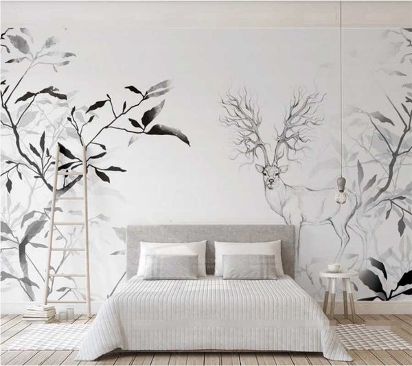 

wallpapers custom wallpaper 3d/8d mural black and white trees elk modern nordic style tv home interior background wall