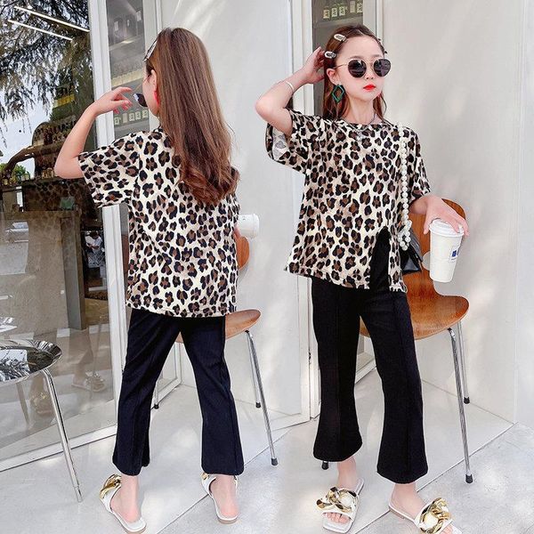 

clothing sets arrivals korean style teen girls set summer thin leopard print tees and flare pants suit children outfits 4-13y, White