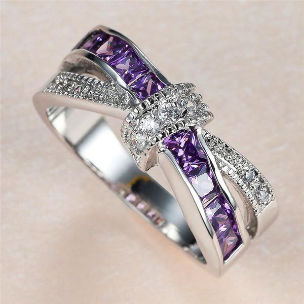 

charming purple crystal ring dainty zircon crossed rings for women vintage fashion silver color birthstone wedding jewelry, Slivery;golden