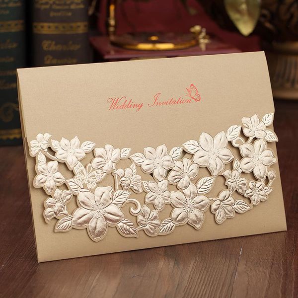 

greeting cards 20 x laser cut folwer wedding invitation card hollow red/gold guest party deco supply