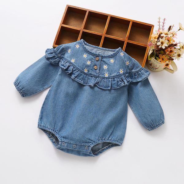 

newborn baby jumpsuit daisy denim toddler romper ruffles spring 2021 infant girls clothes long sleeve baby playsuit cotton 0-2y, Blue