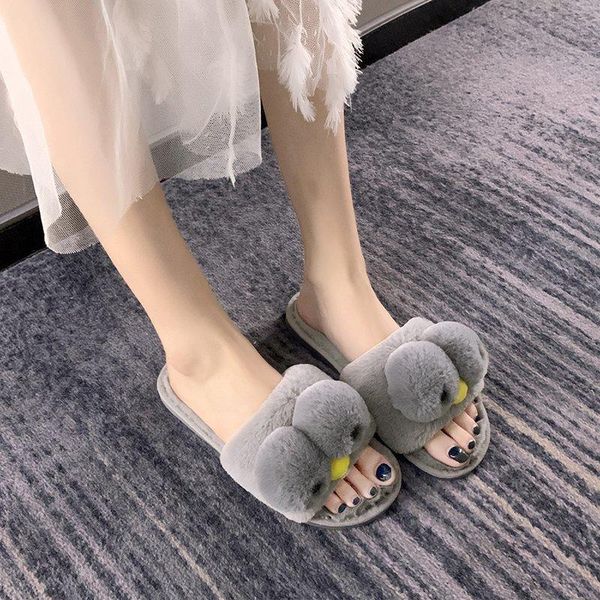 

winter house warm fur slipers for women cute duck designer bedroom plush shoes non-slip furry slides woman flat slippers, Black
