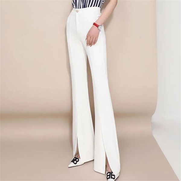 

korean style solid color forky high waist flare pants women fashion black ladies office vintage elastic slim trousers women's & capris, Black;white