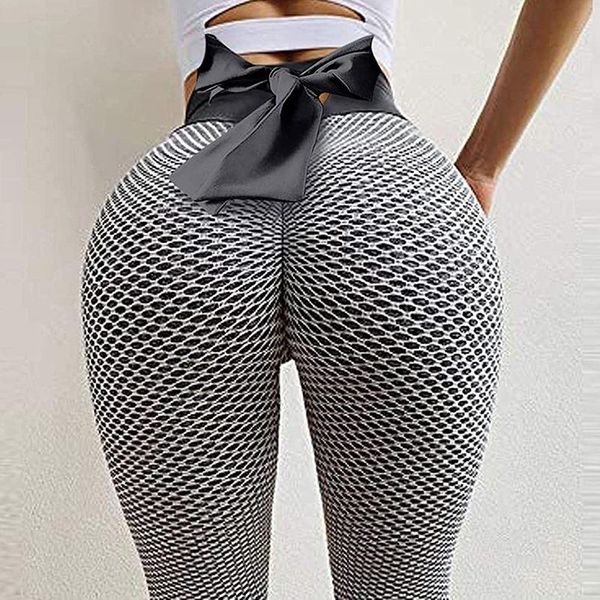 

women's leggings seamless fitness women fashion back bow bandage high waist pants 3d mesh elastic push up ankle length sport, Black