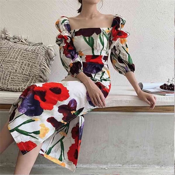 

vintage square collar lantern sleeve print dress women elegant long robe modern lady floral split boho vestidos 210519, Black;gray