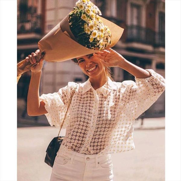 

transparent daisy floral womens shirt turn down collar short ladies lantern sleeve see through, White